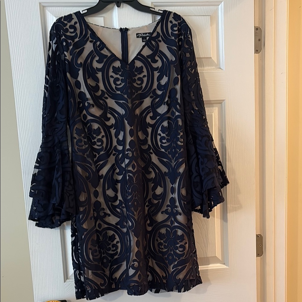 Prelude Navy and Tan Ruffled Tiered Bell Sleeve Dress